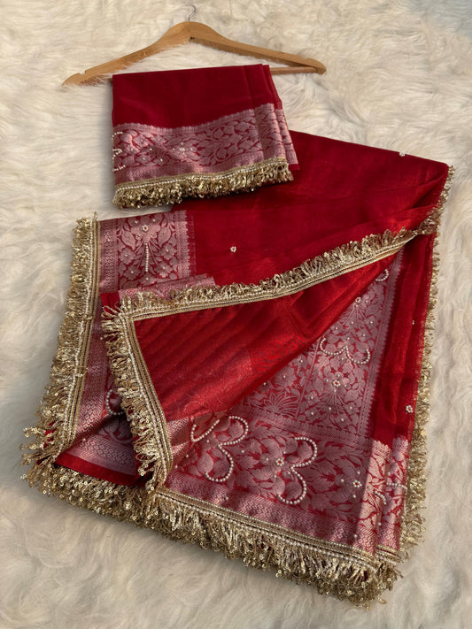 Banarasi Semi tissue silk saree with embroidery & designer laces - royal Red colour