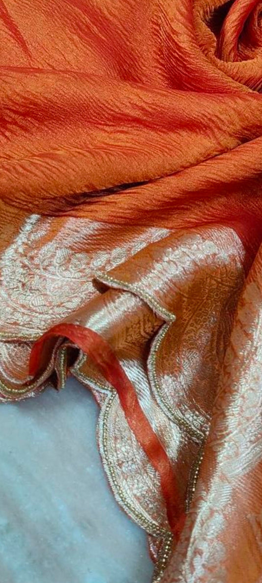 Pure banarasi crushed tissue silk saree with scallop hand embroidery