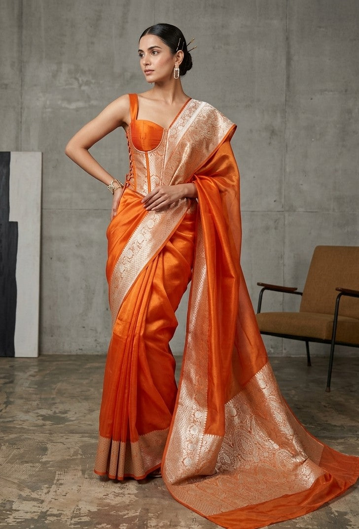 Rust orange Pure tissue silk saree