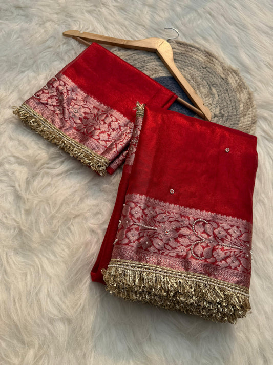 Banarasi Semi tissue silk saree with embroidery & designer laces - royal Red colour