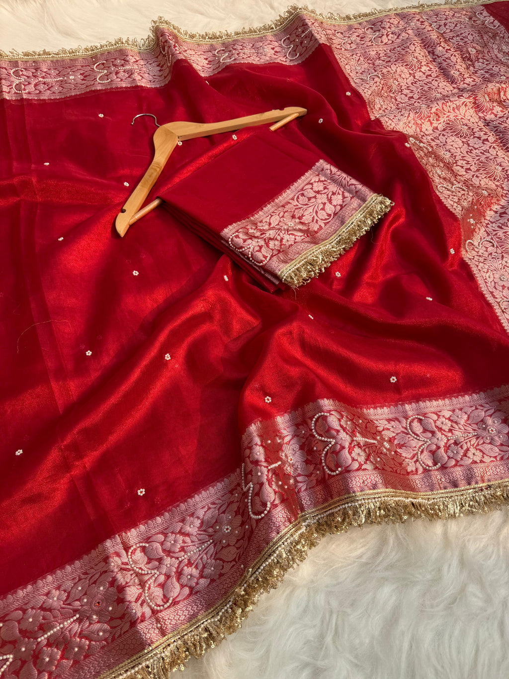 Banarasi Semi tissue silk saree with embroidery & designer laces - royal Red colour