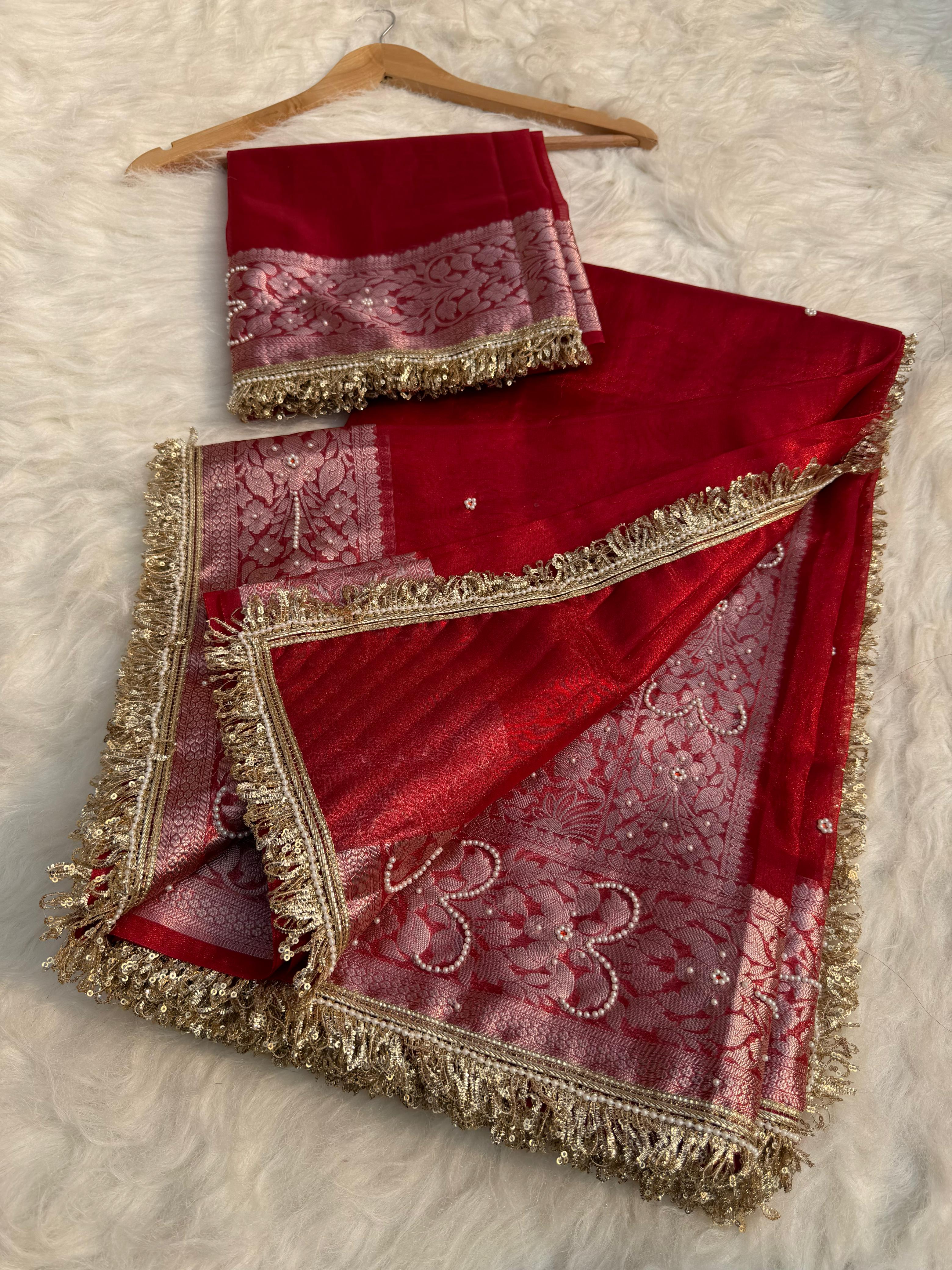 Banarasi Semi tissue silk saree with embroidery & designer laces - royal Red colour