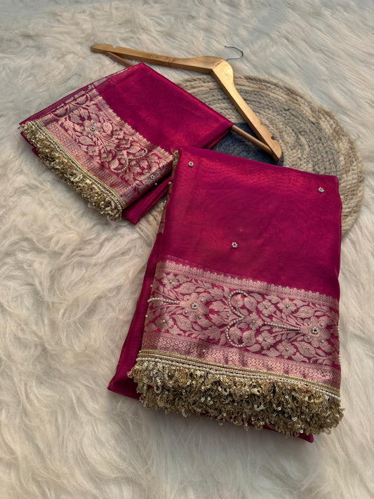 Banarasi Semi tissue silk saree with embroidery and designer laces in Hot Pink colour
