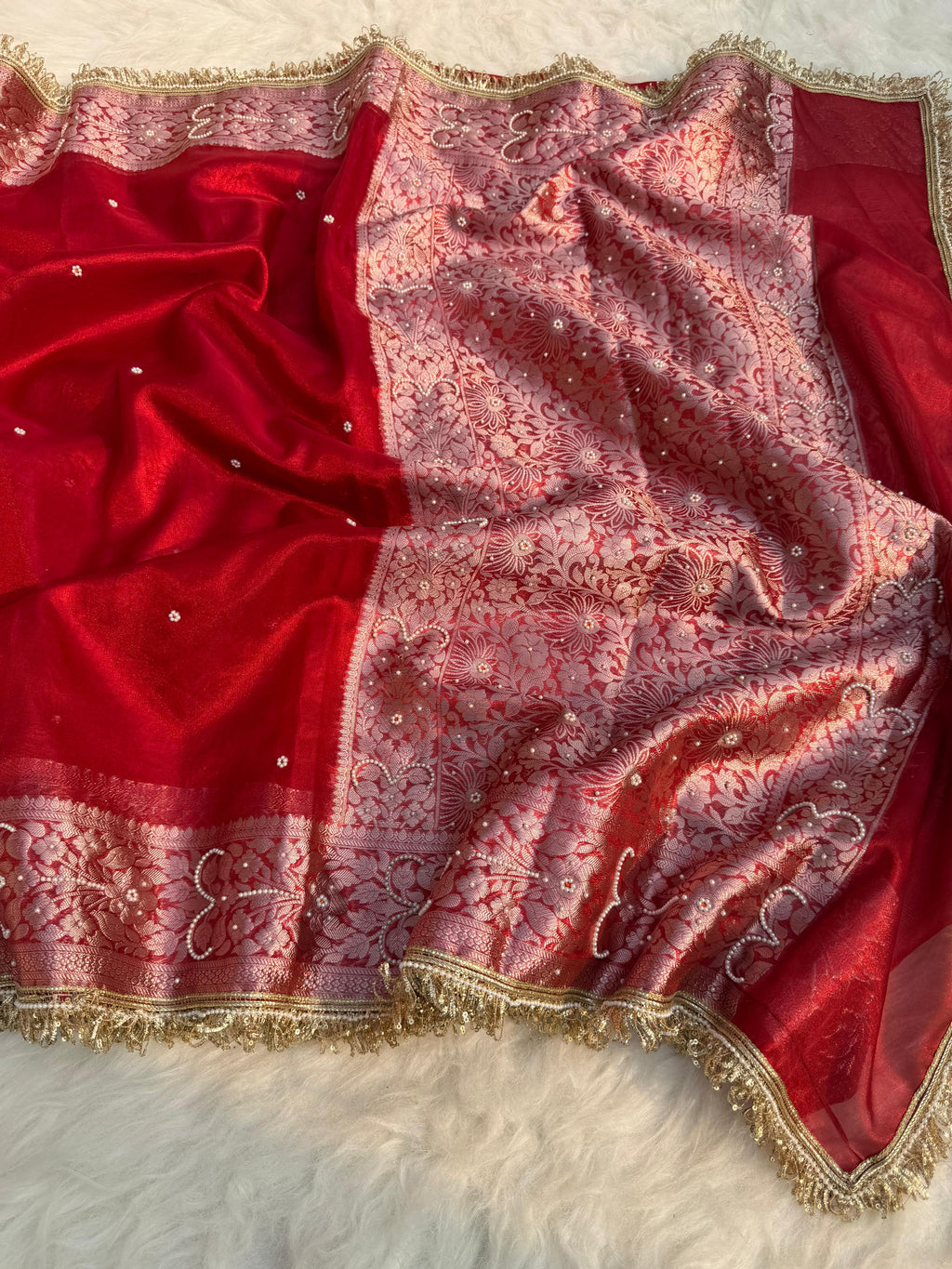 Banarasi Semi tissue silk saree with embroidery & designer laces - royal Red colour