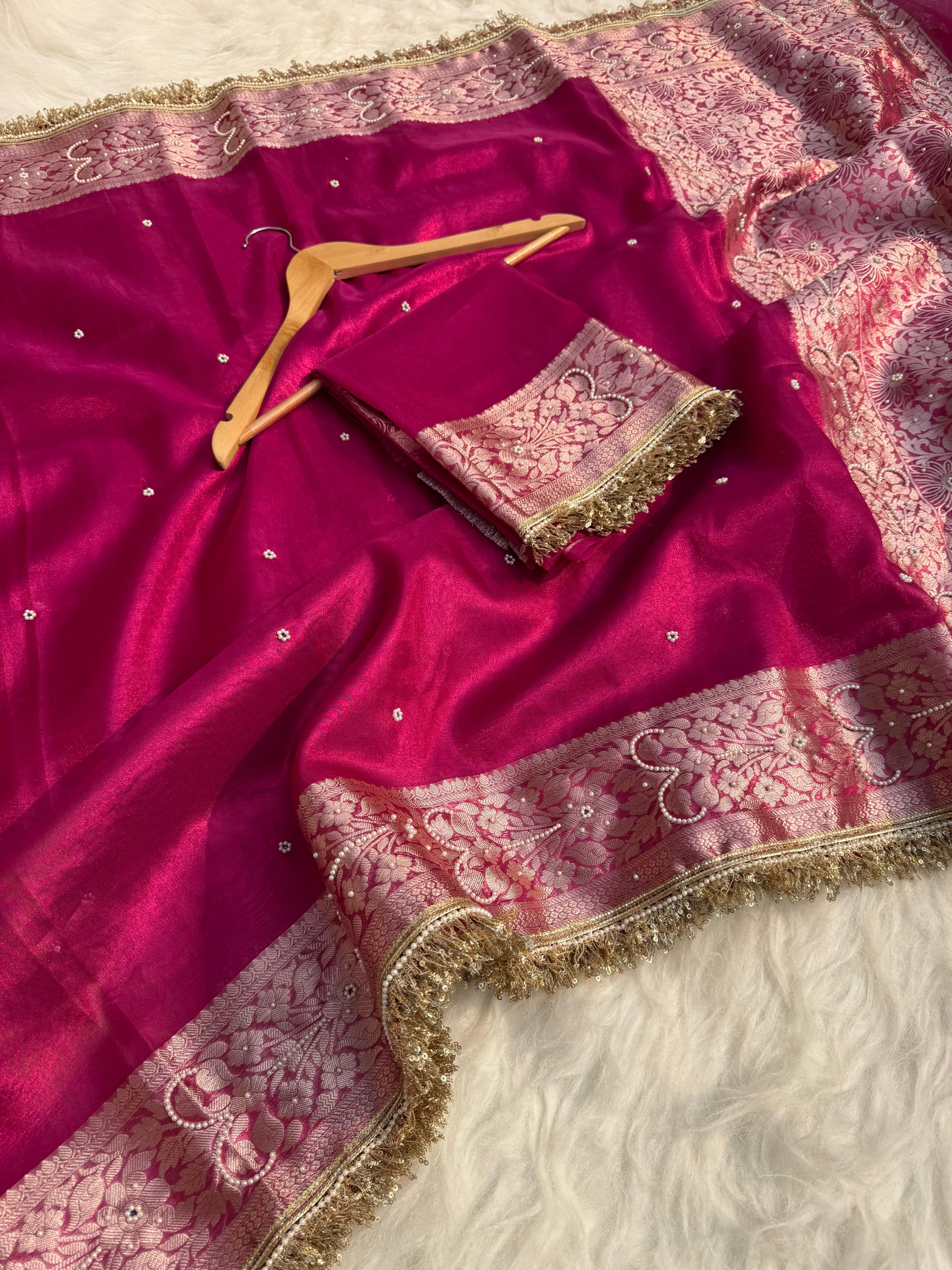 Banarasi Semi tissue silk saree with embroidery and designer laces in Hot Pink colour