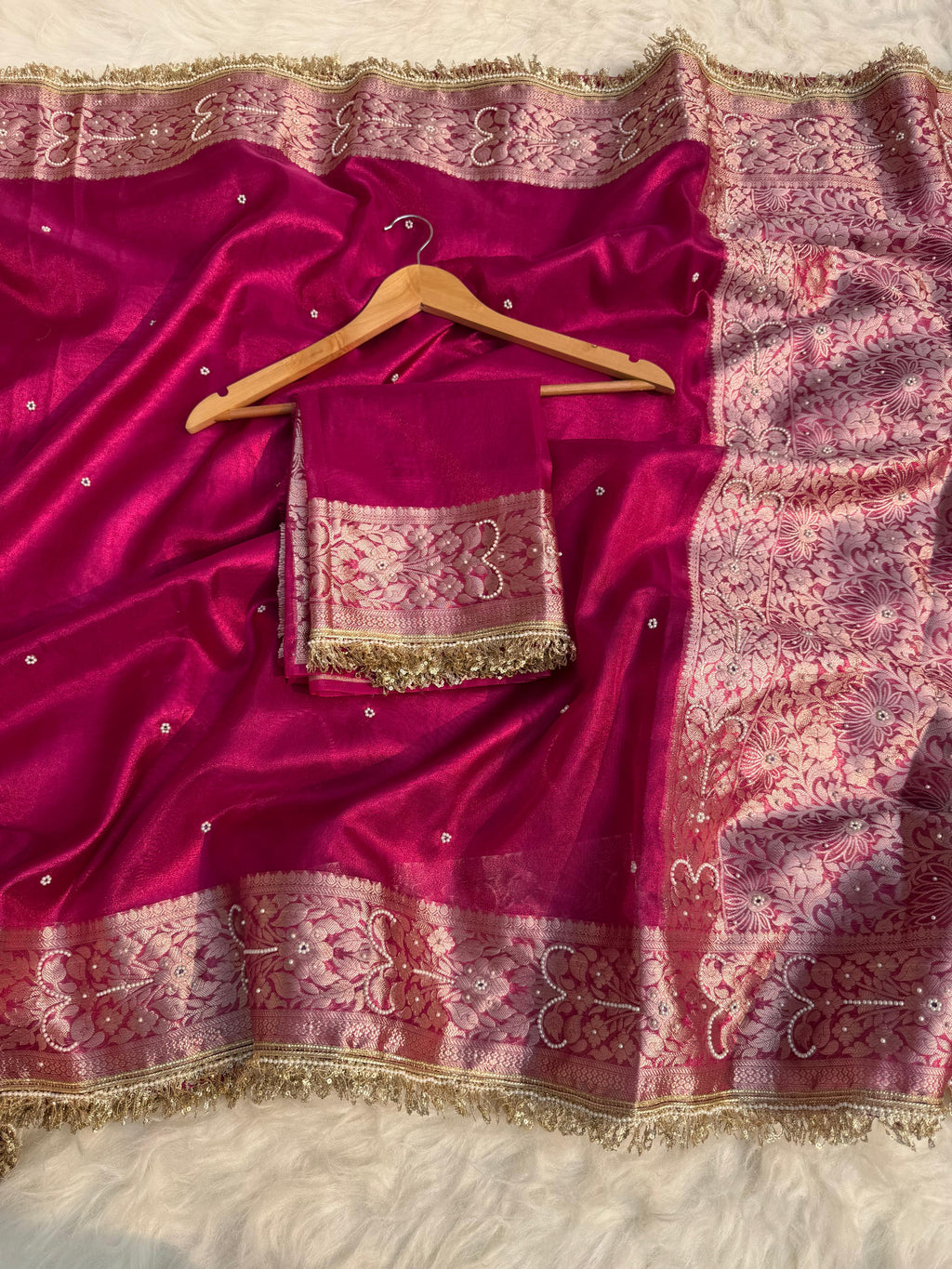 Banarasi Semi tissue silk saree with embroidery and designer laces in Hot Pink colour