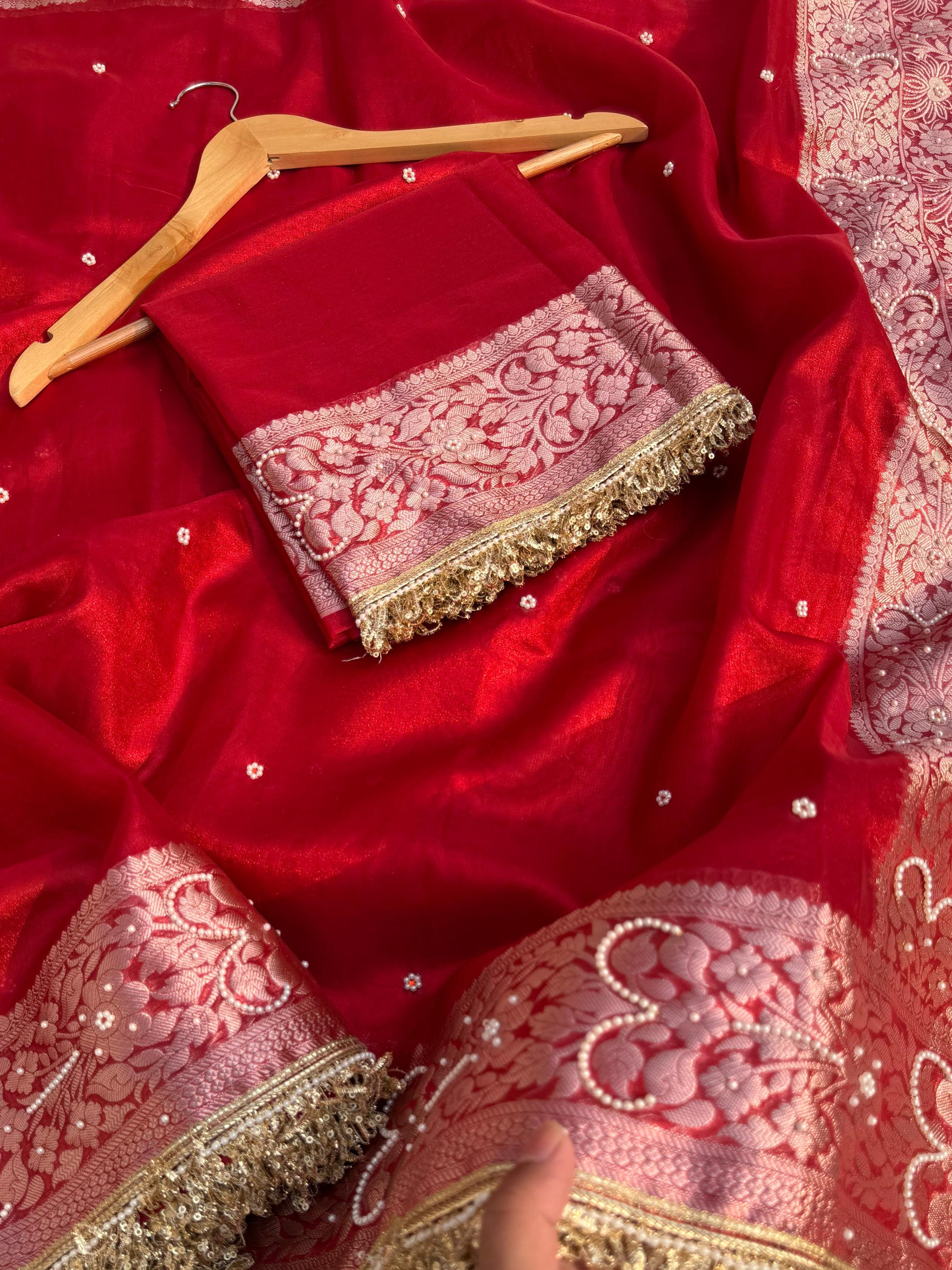 Banarasi Semi tissue silk saree with embroidery & designer laces - royal Red colour