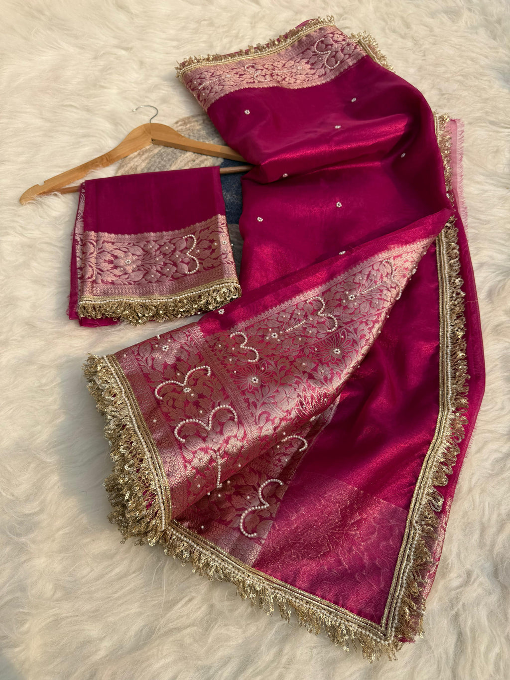 Banarasi Semi tissue silk saree with embroidery and designer laces in Hot Pink colour