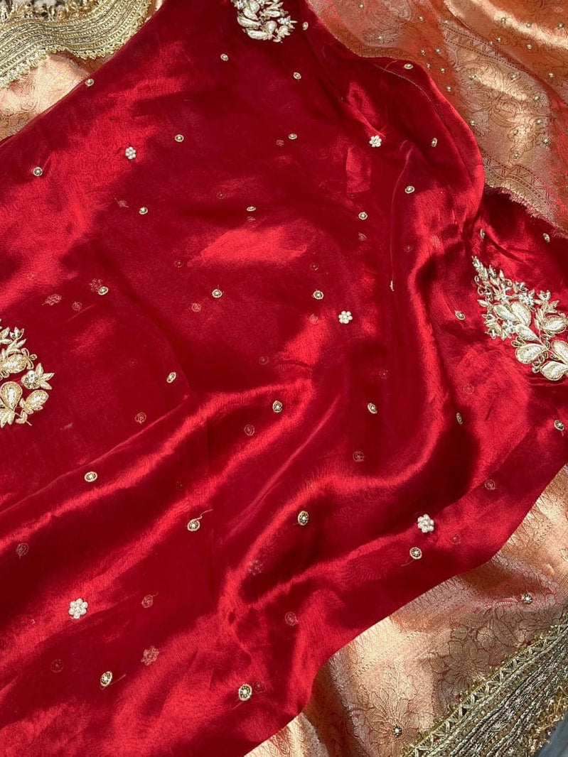 Pure tissue silk saree with hand embroidery - Royal red