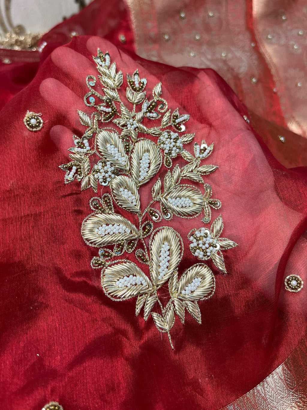 Pure tissue silk saree with hand embroidery - Royal red