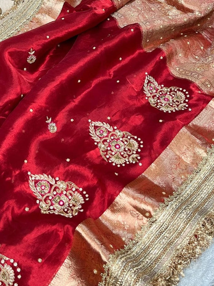 Pure tissue silk saree with hand embroidery - Royal Red
