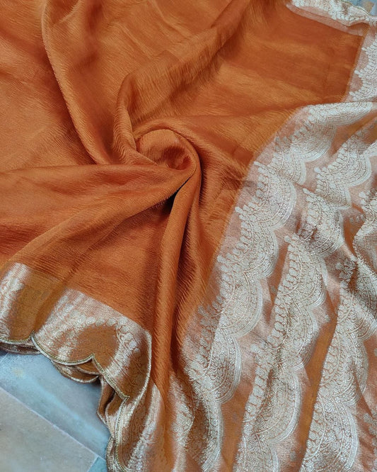 Pure banarasi crushed tissue silk saree with scallop hand embroidery