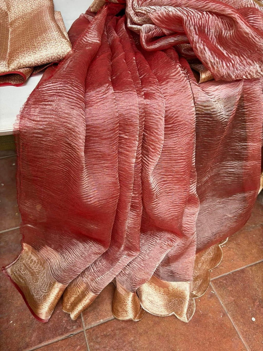 Pure banarasi crushed tissue silk saree with scallop hand embroidery border