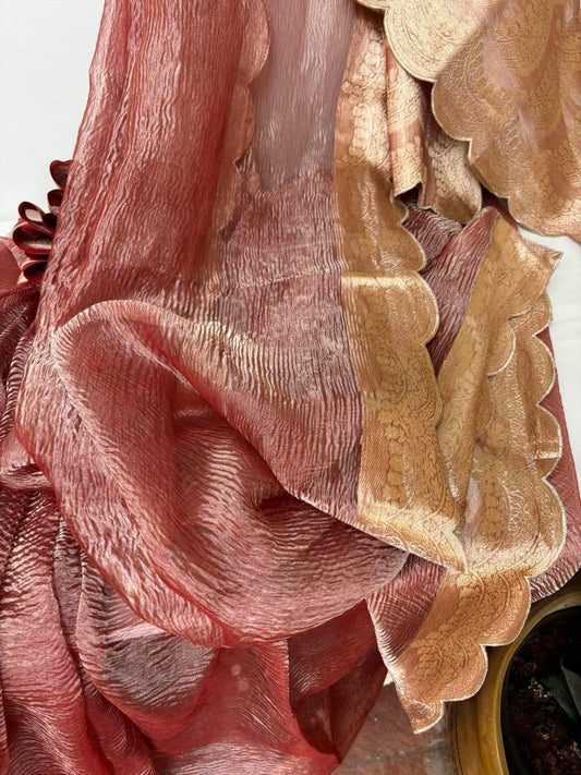 Pure banarasi crushed tissue silk saree with scallop hand embroidery border