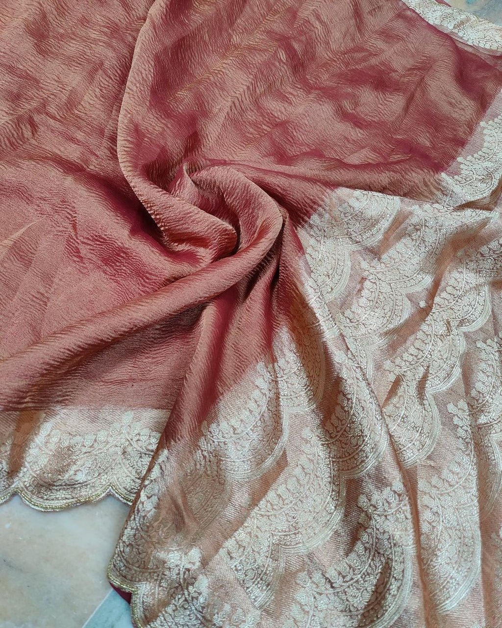 Pure banarasi crushed tissue silk saree with scallop hand embroidery border