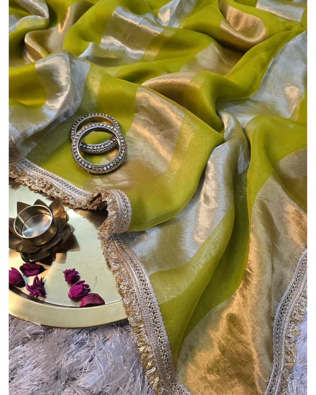 Pure organza strips tissue silk saree