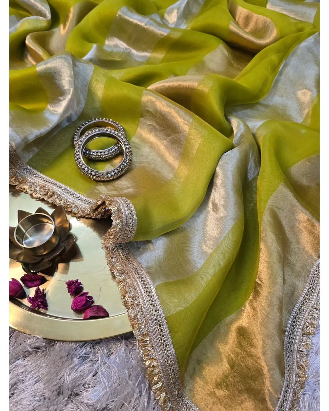 Pure organza strips tissue silk saree