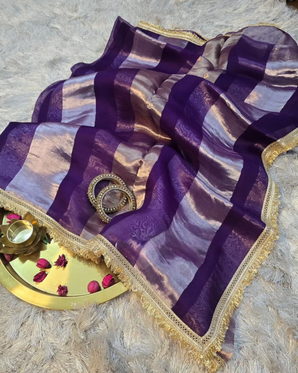 Pure organza strips tissue silk saree