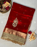 Pure tissue silk saree with hand embroidery - Royal red