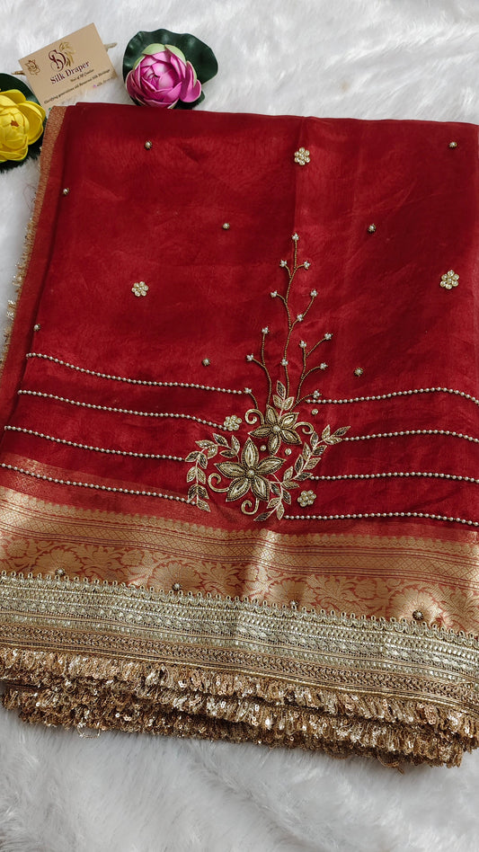 Pure banarasi Maharani tissue silk saree in royal red colour
