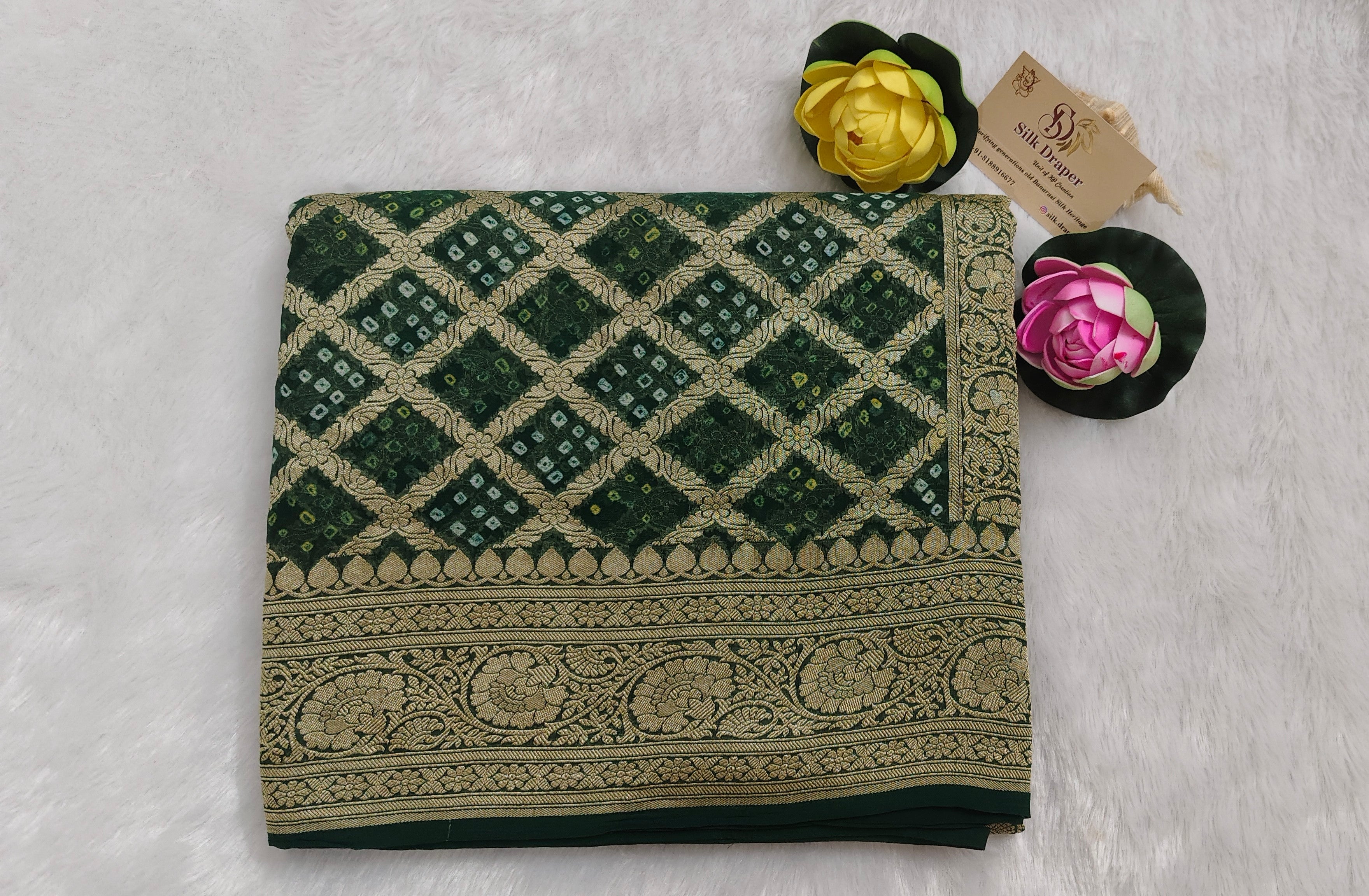 Pure banarasi khaddi Georgette bandhani bottle green colour saree