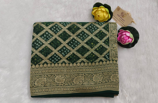 Pure banarasi khaddi Georgette bandhani bottle green colour saree