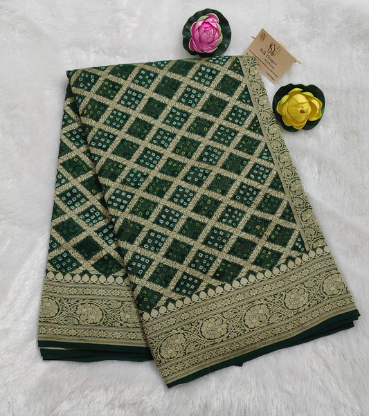 Pure banarasi khaddi Georgette bandhani bottle green colour saree
