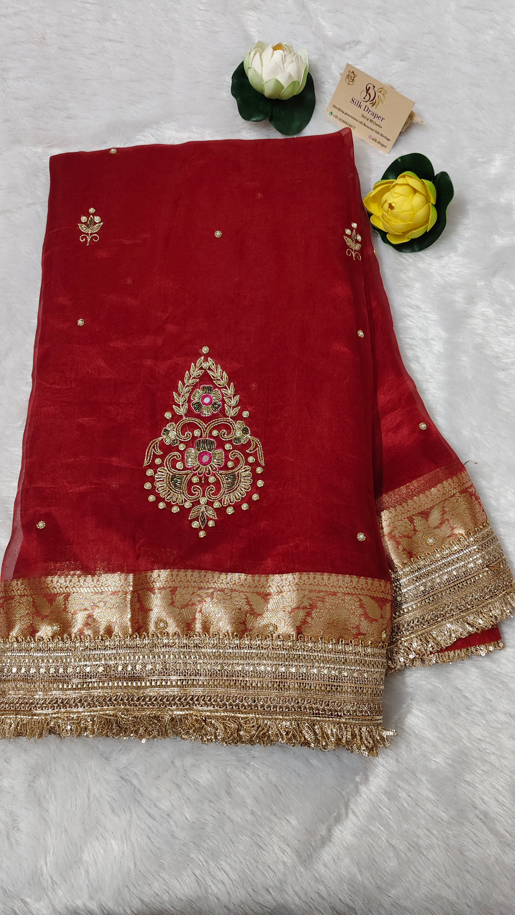 Pure tissue silk saree with hand embroidery - Royal Red
