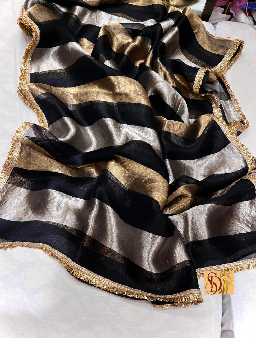 Pure organza strips tissue silk saree