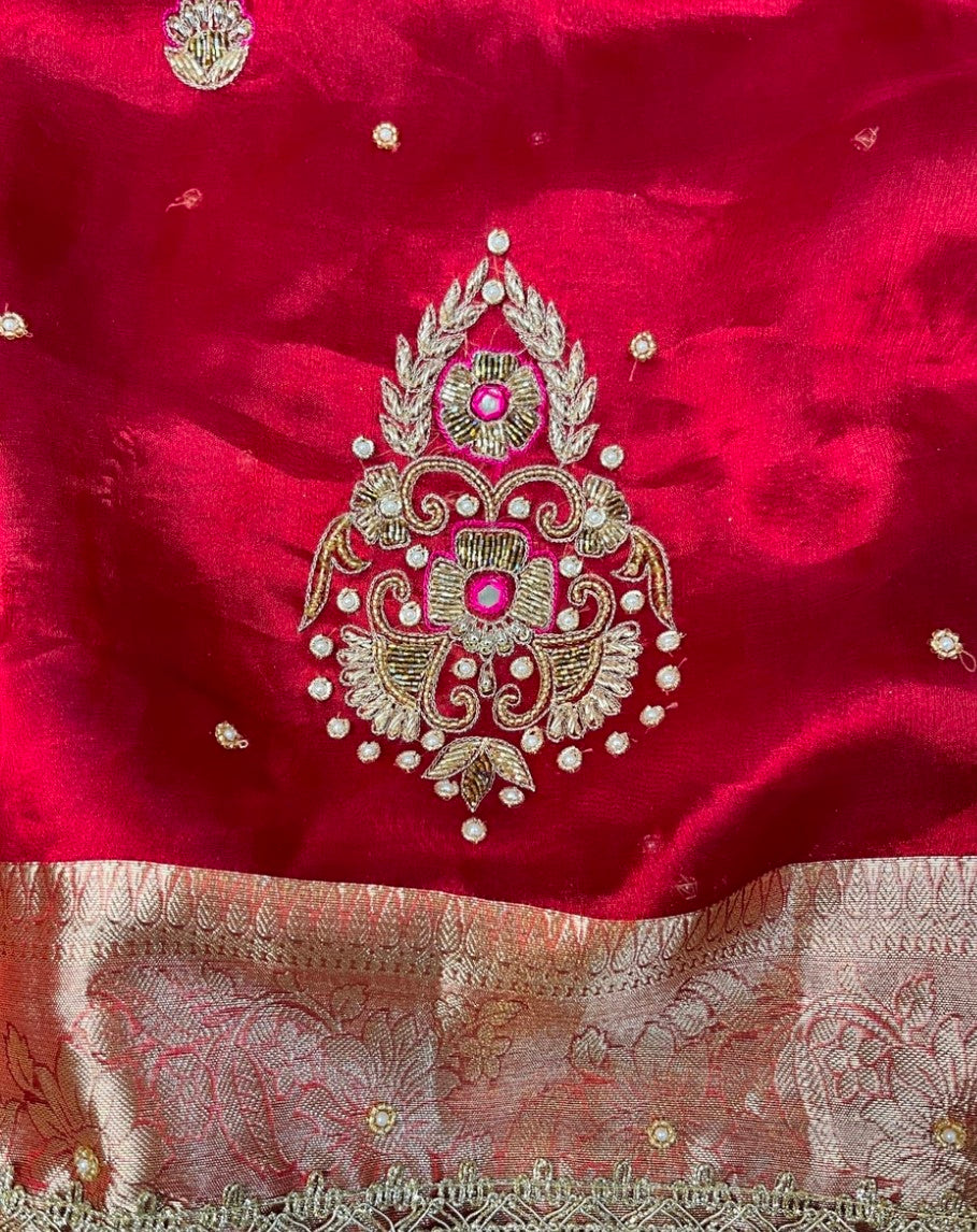 Pure tissue silk saree with hand embroidery - Royal Red