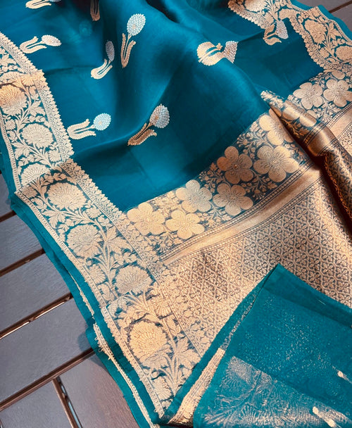 Banarasi pure kora silk handwoven Saree - Teal blue