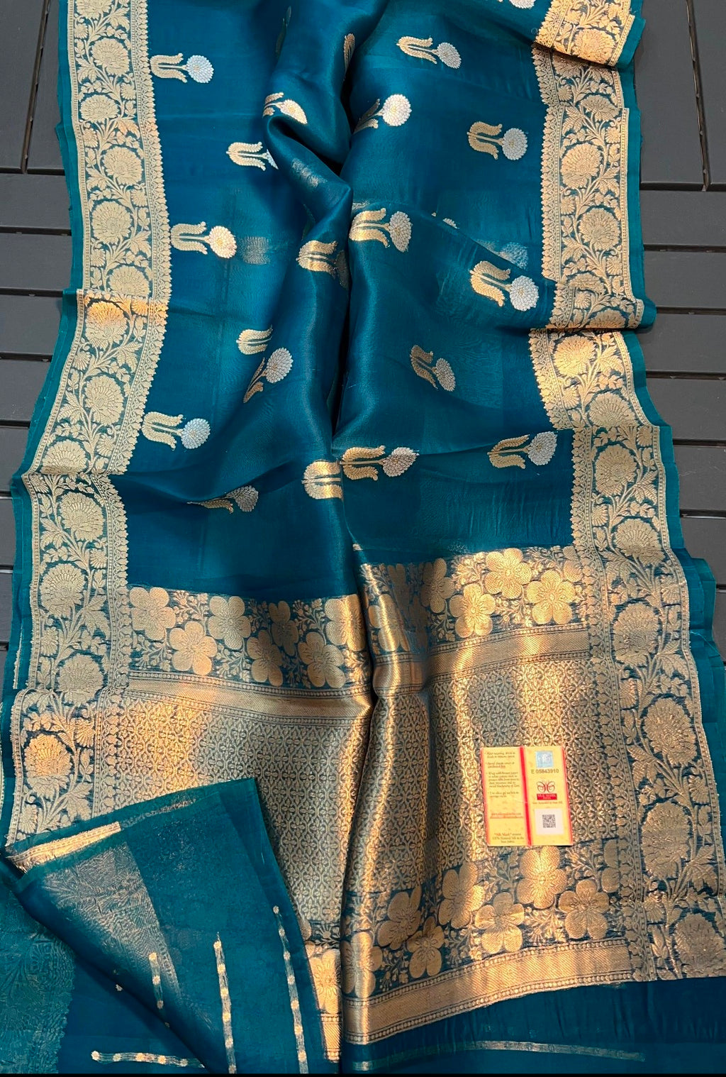 Banarasi pure kora silk handwoven Saree - Teal blue