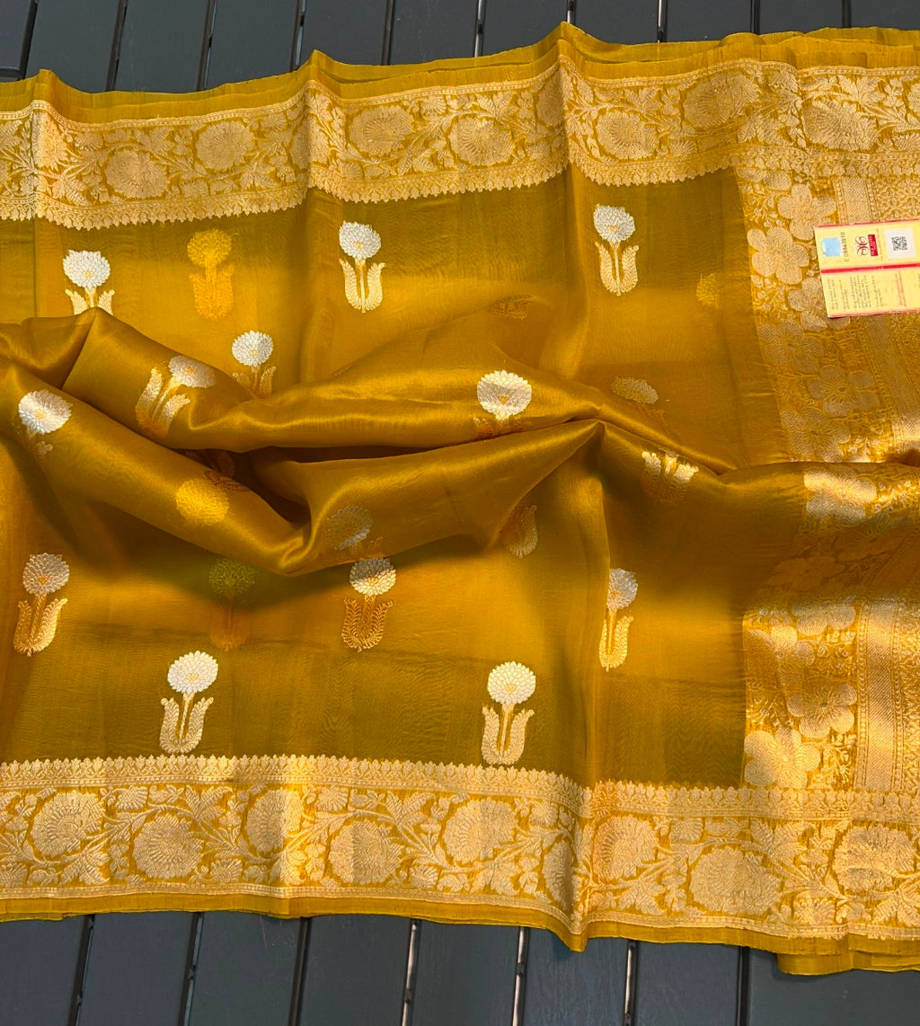 Banarasi pure kora silk handwoven Saree - Yellow colour