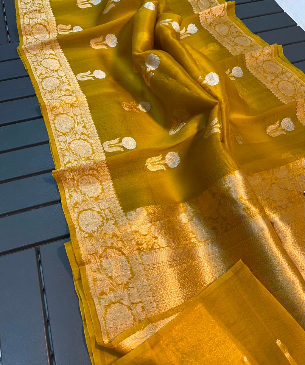 Banarasi pure kora silk handwoven Saree - Yellow colour