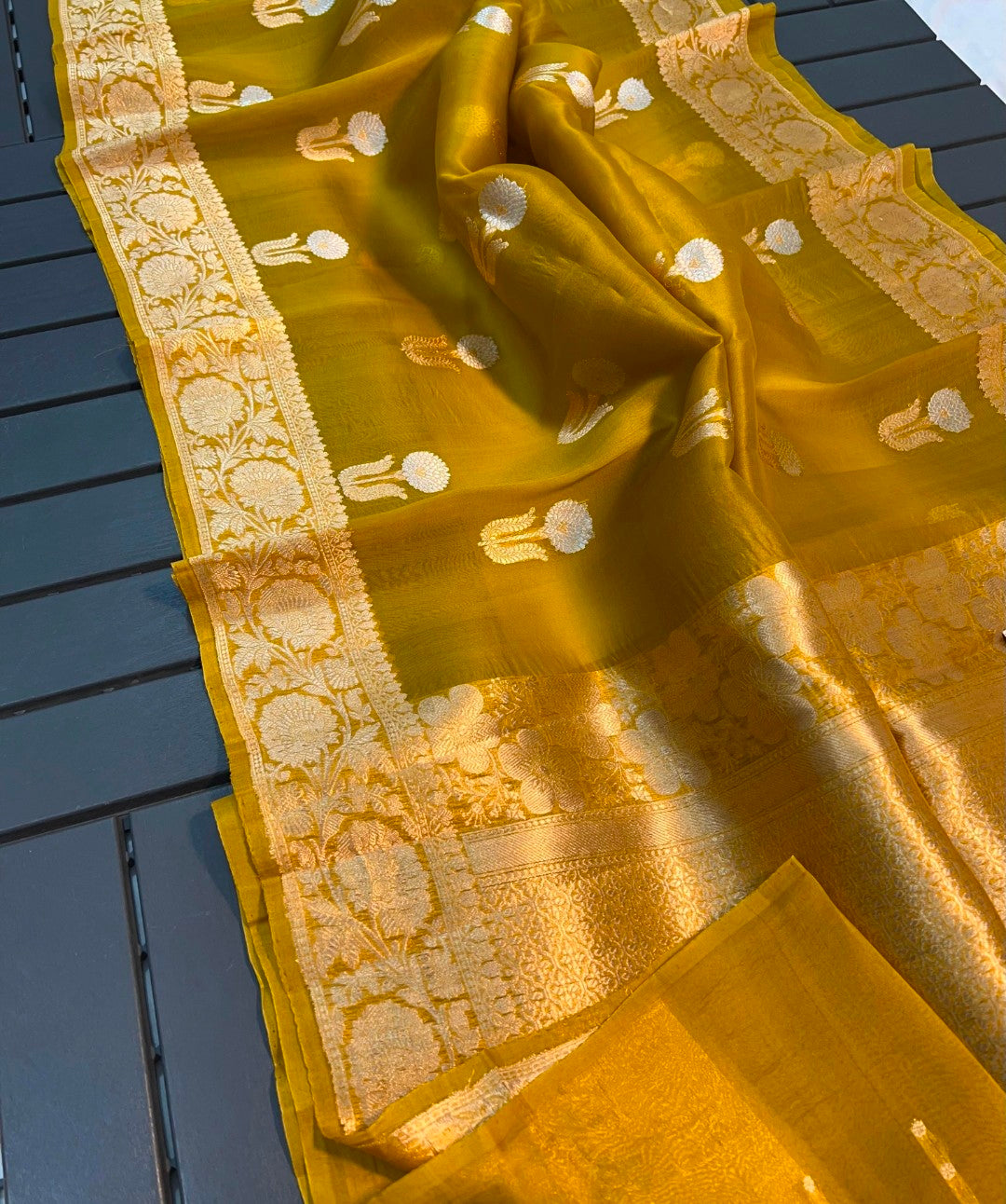 Banarasi pure kora silk handwoven Saree - Yellow colour