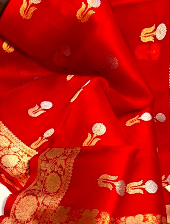 Banarasi Pure Kora silk handwoven Saree - royal red colour
