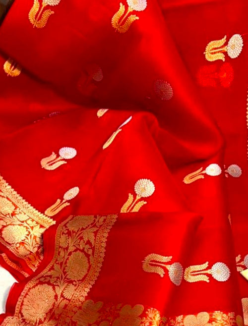 Banarasi Pure Kora silk handwoven Saree - royal red colour